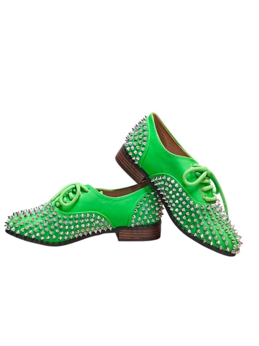 Studded Green Lace-Up Oxford Shoes With Silver Spikes & Wooden Heel - Picture 11 of 16